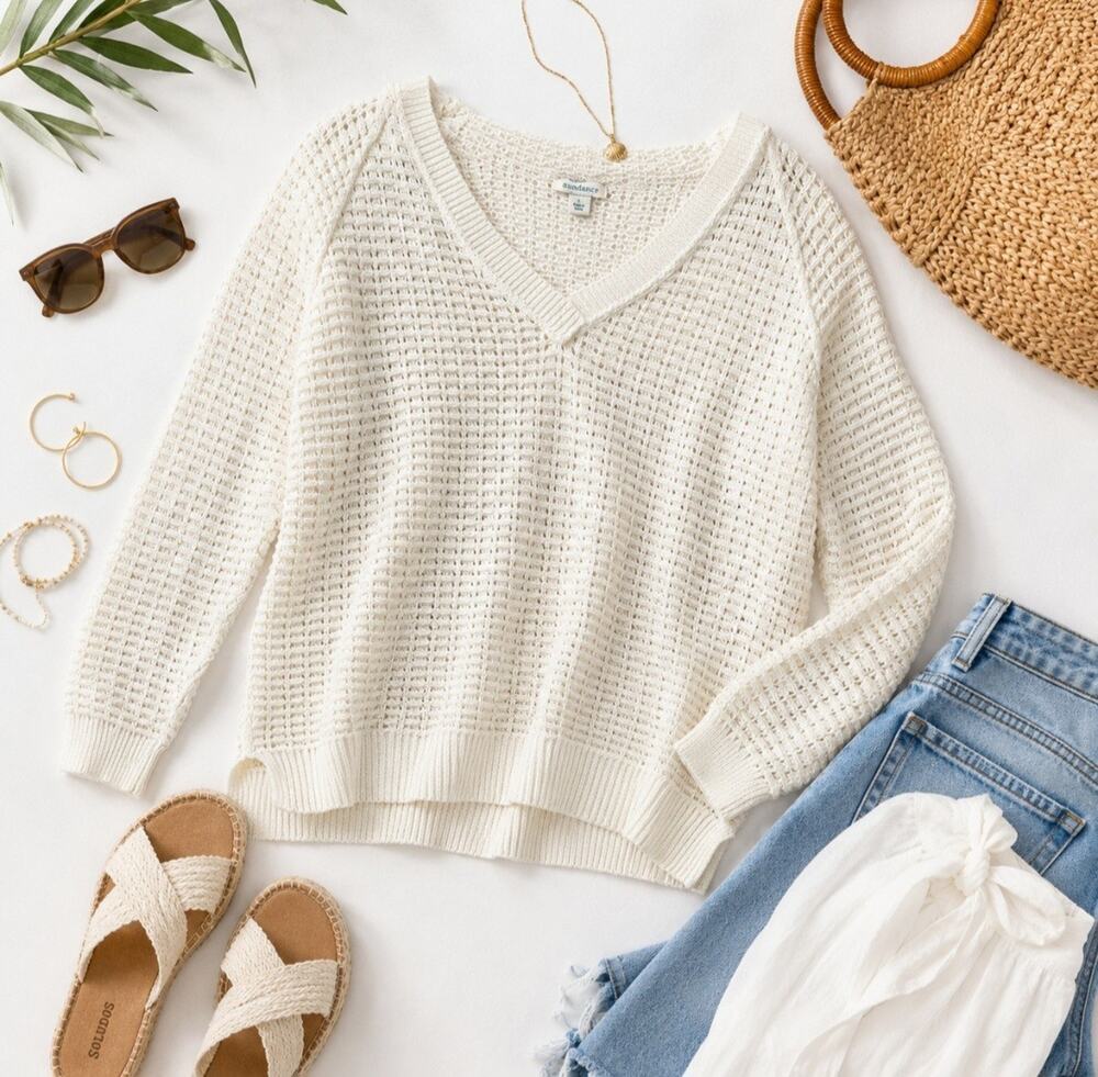 Sundance White Cotton Crochet Hooded Sweater L Beach Cover Up Coastal Fisherman